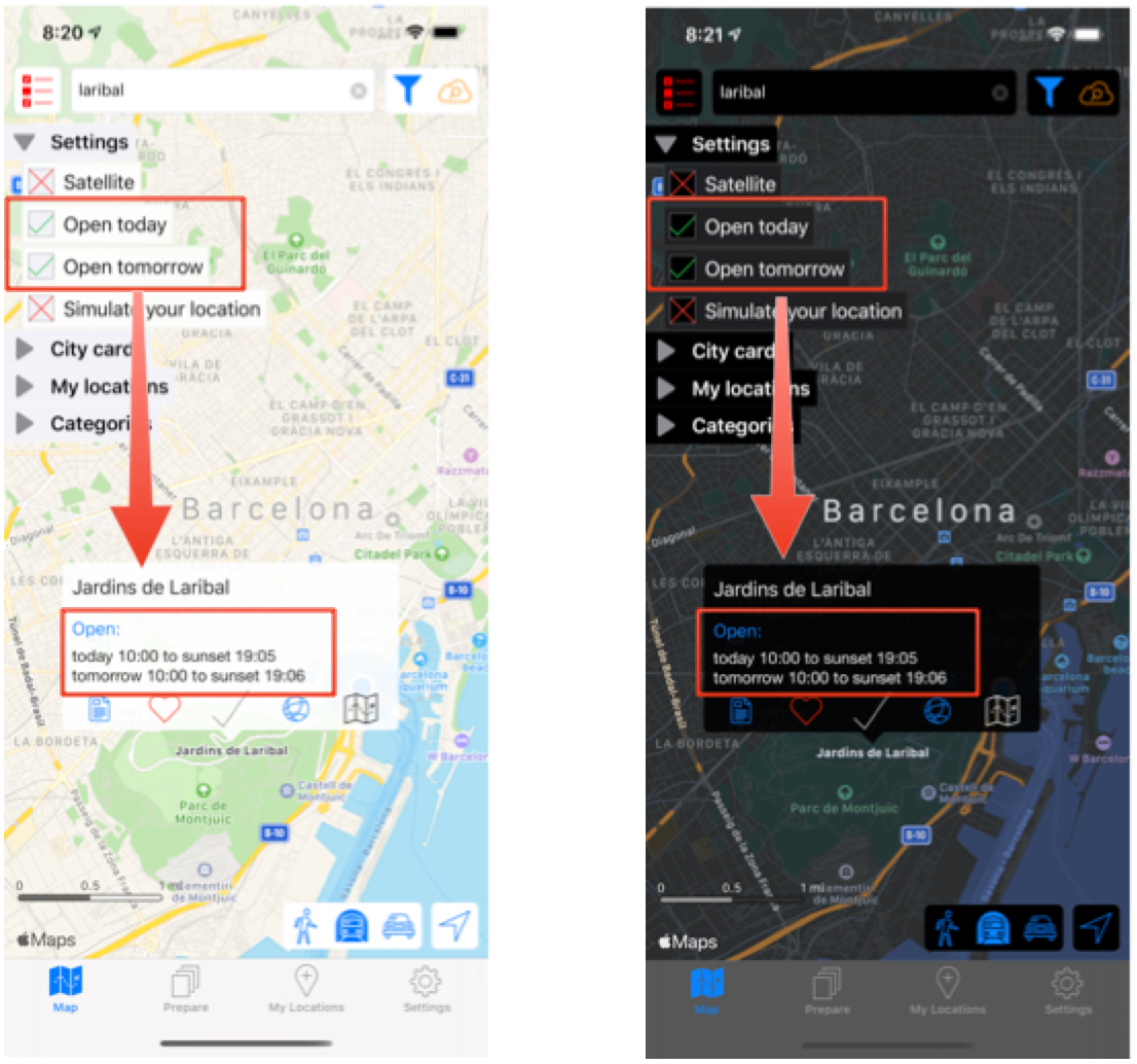 Sunset is calculated; two examples shown: left in light mode, right in dark mode